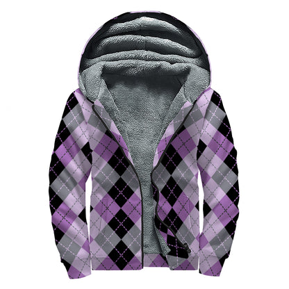 Black Grey And Violet Argyle Print Sherpa Lined Zip Up Hoodie