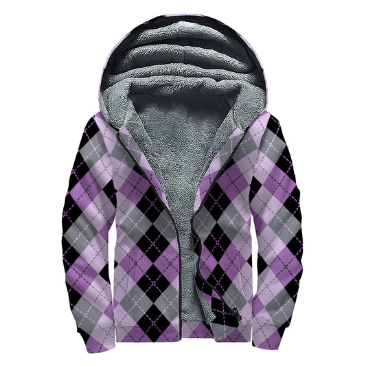 Black Grey And Violet Argyle Print Sherpa Lined Zip Up Hoodie