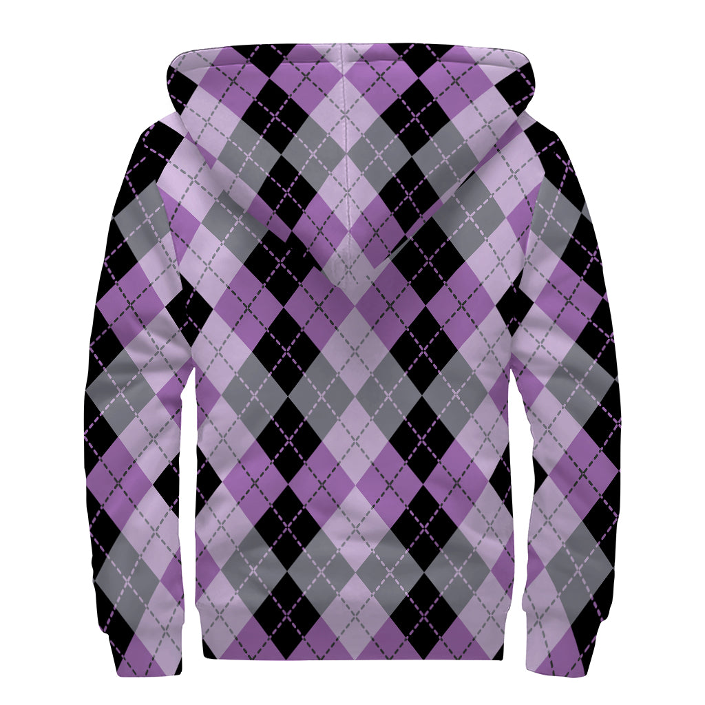 Black Grey And Violet Argyle Print Sherpa Lined Zip Up Hoodie