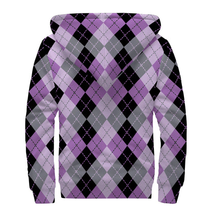 Black Grey And Violet Argyle Print Sherpa Lined Zip Up Hoodie