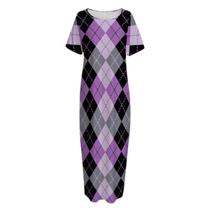 Black Grey And Violet Argyle Print Short Sleeve Long Nightdress