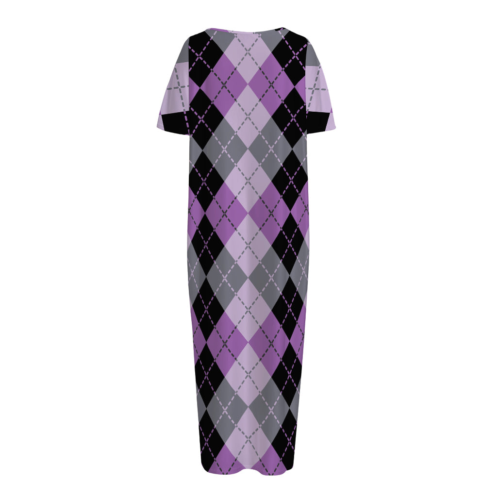 Black Grey And Violet Argyle Print Short Sleeve Long Nightdress