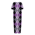 Black Grey And Violet Argyle Print Short Sleeve Long Nightdress