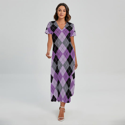 Black Grey And Violet Argyle Print Short Sleeve Maxi Dress