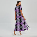Black Grey And Violet Argyle Print Short Sleeve Maxi Dress
