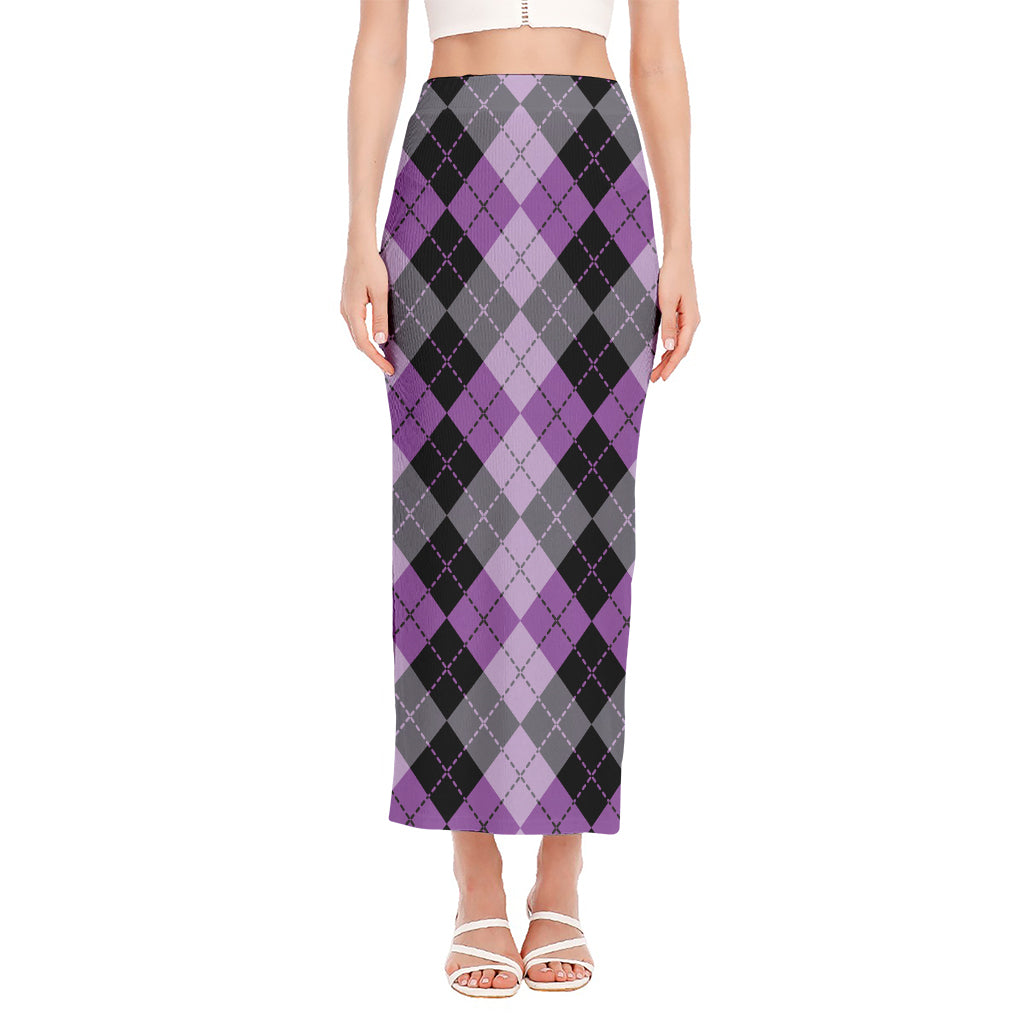 Black Grey And Violet Argyle Print Side Slit Maxi Skirt