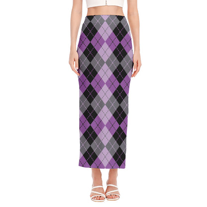 Black Grey And Violet Argyle Print Side Slit Maxi Skirt