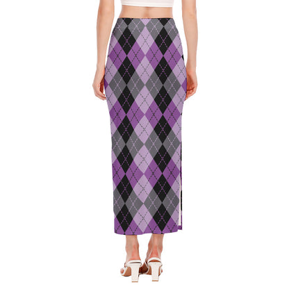 Black Grey And Violet Argyle Print Side Slit Maxi Skirt