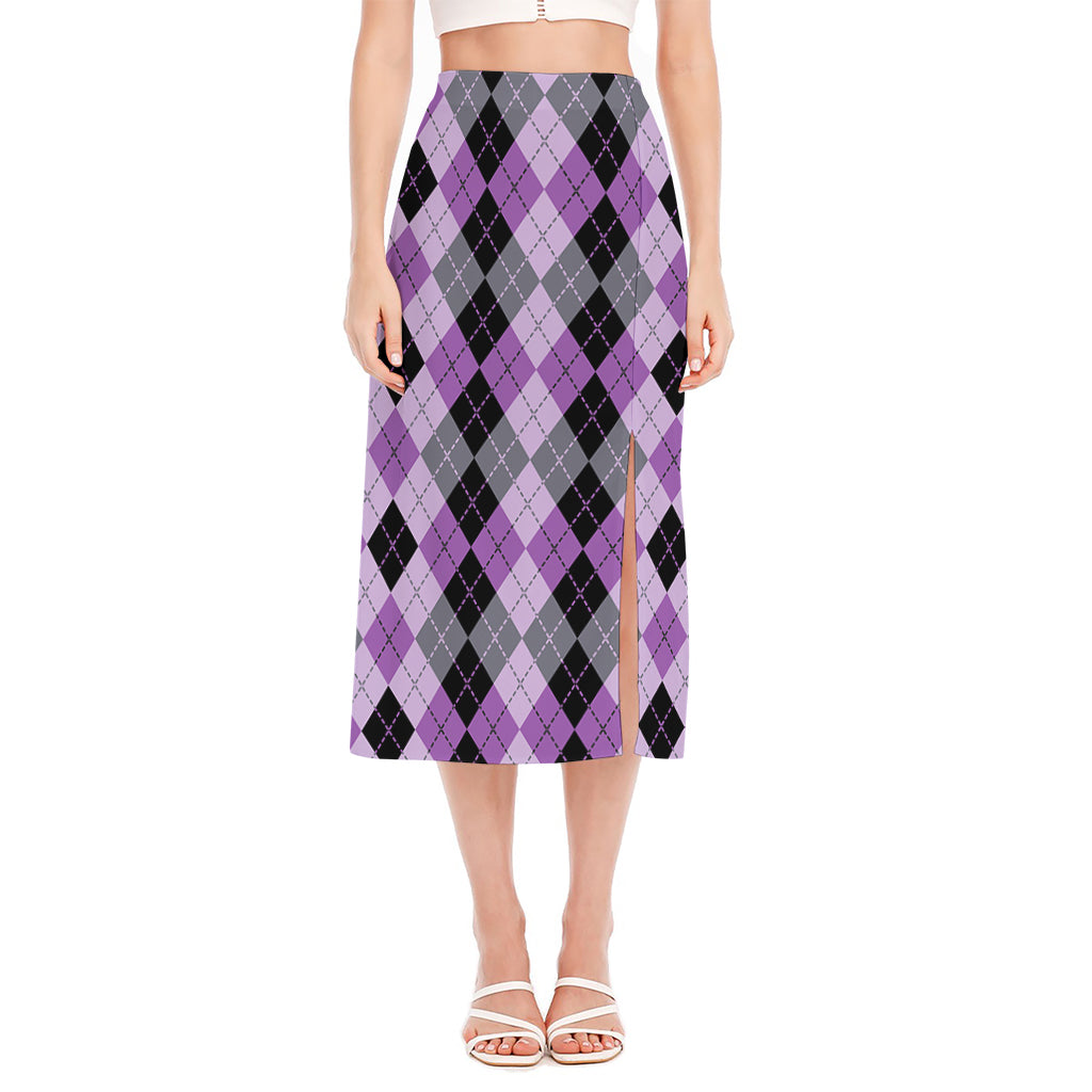 Black Grey And Violet Argyle Print Side Slit Midi Skirt