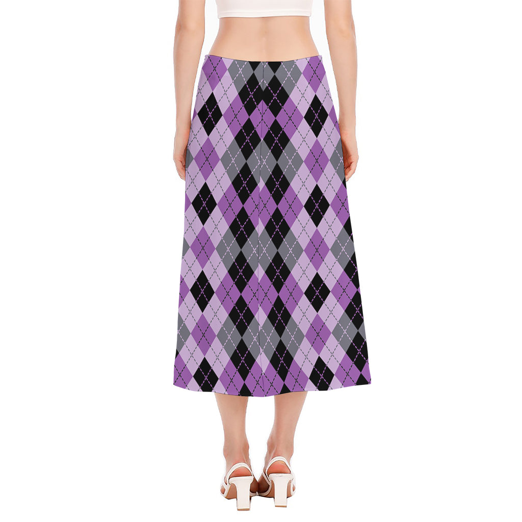 Black Grey And Violet Argyle Print Side Slit Midi Skirt