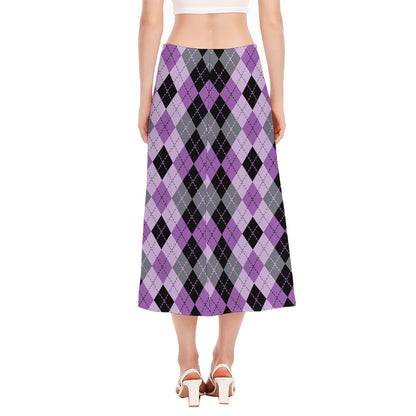 Black Grey And Violet Argyle Print Side Slit Midi Skirt