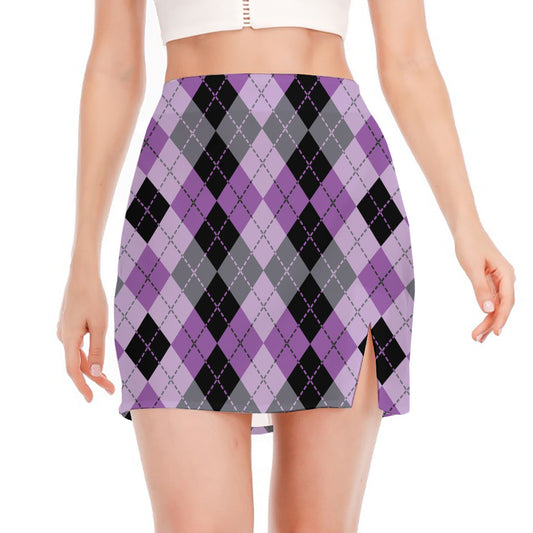 Black Grey And Violet Argyle Print Side Slit Mini Skirt