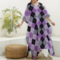 Black Grey And Violet Argyle Print Silk V-Neck Kaftan Dress
