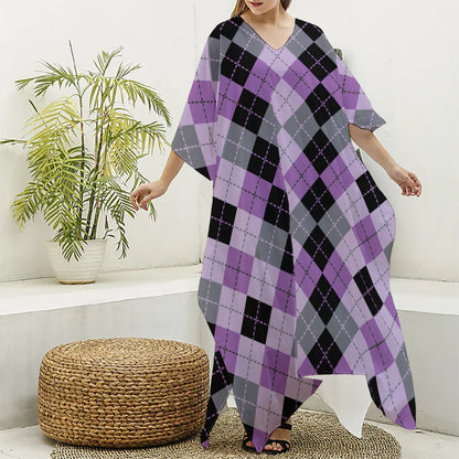 Black Grey And Violet Argyle Print Silk V-Neck Kaftan Dress