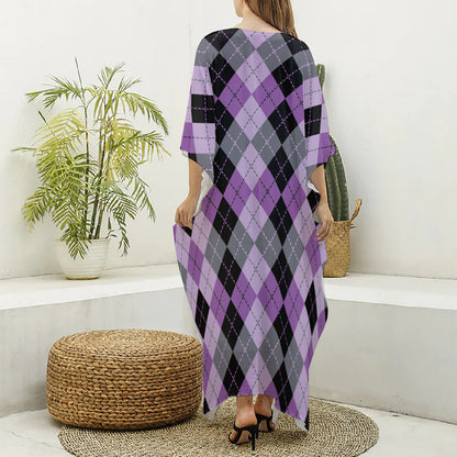 Black Grey And Violet Argyle Print Silk V-Neck Kaftan Dress