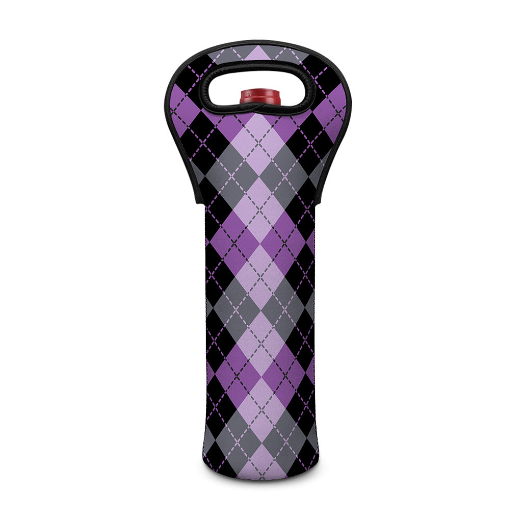 Black Grey And Violet Argyle Print Single Neoprene Wine Tote