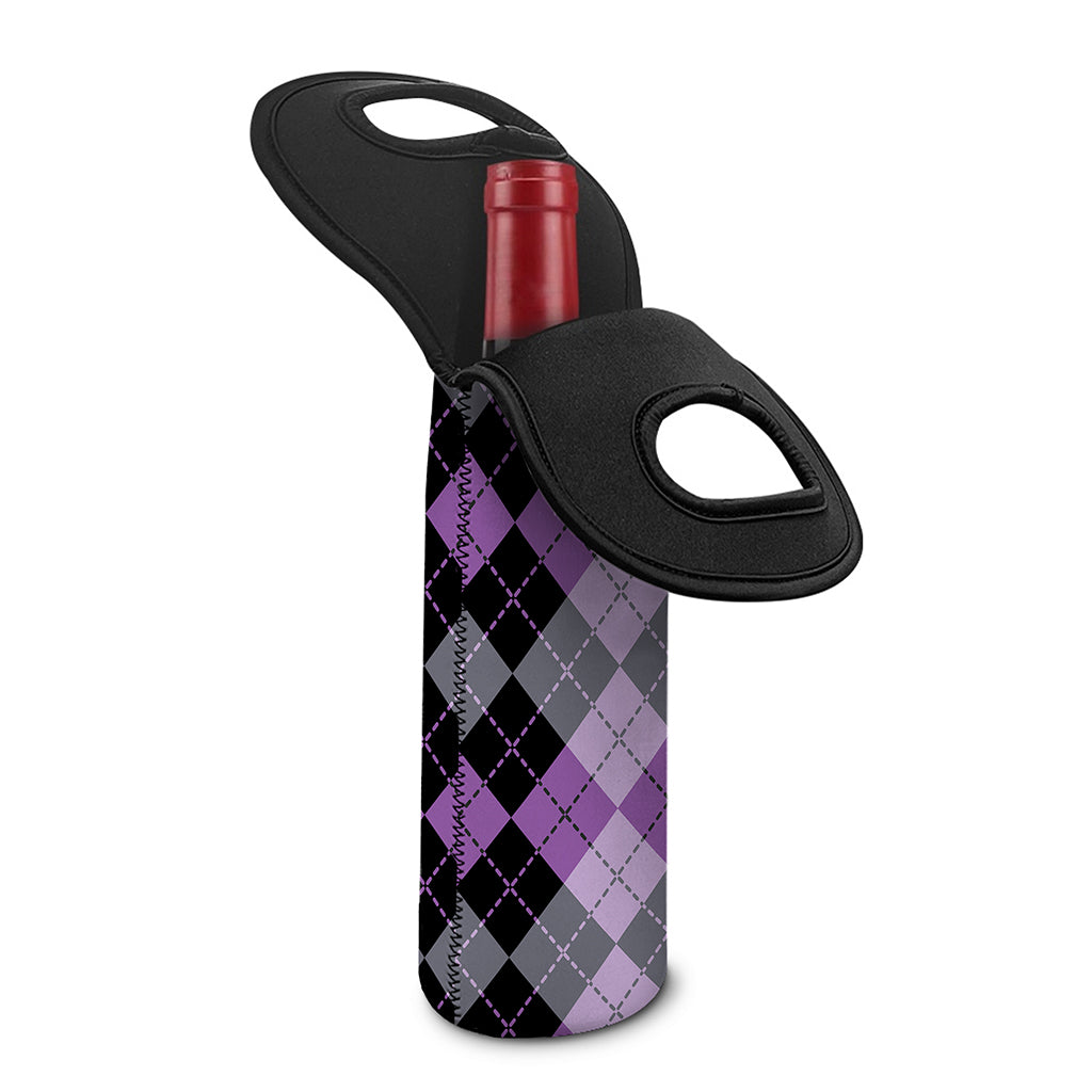 Black Grey And Violet Argyle Print Single Neoprene Wine Tote