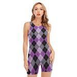 Black Grey And Violet Argyle Print Sleeveless One Piece Swimsuit