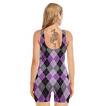 Black Grey And Violet Argyle Print Sleeveless One Piece Swimsuit