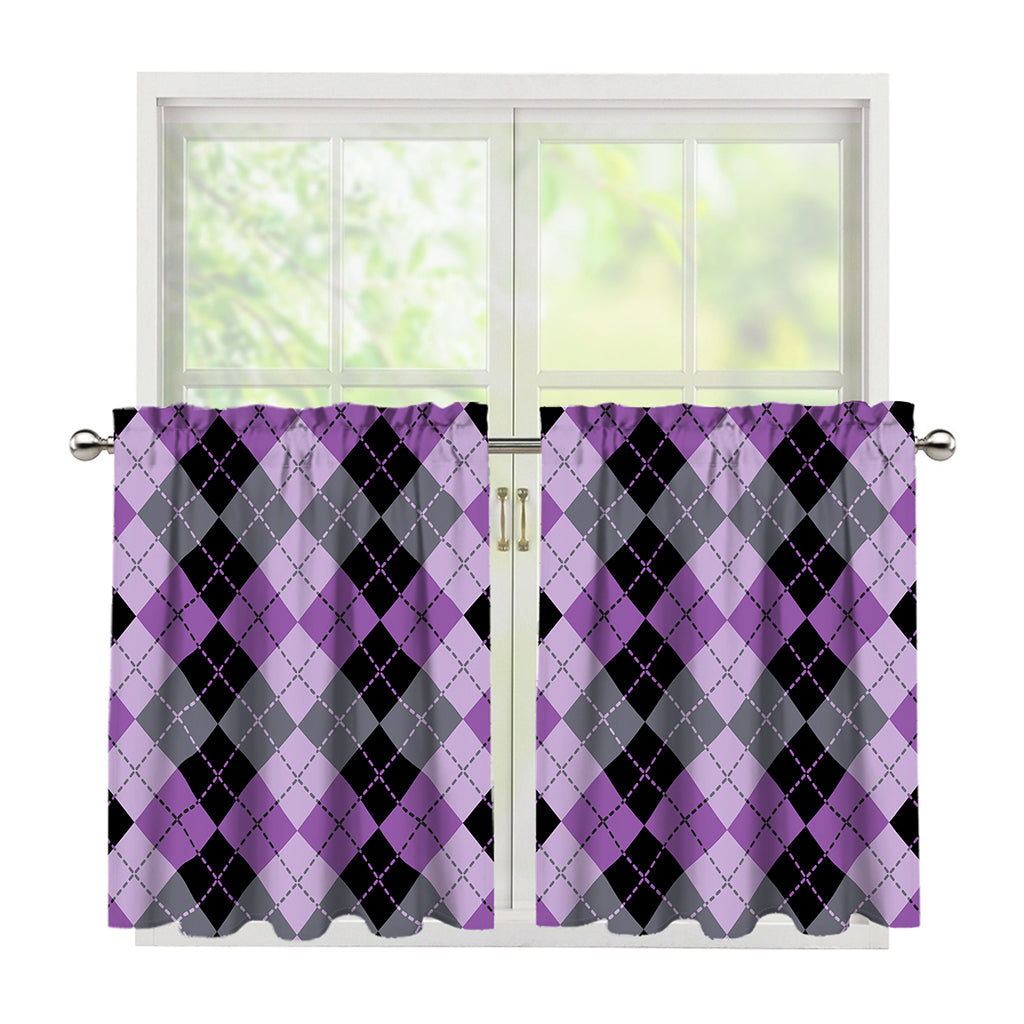 Black Grey And Violet Argyle Print Tier Curtains