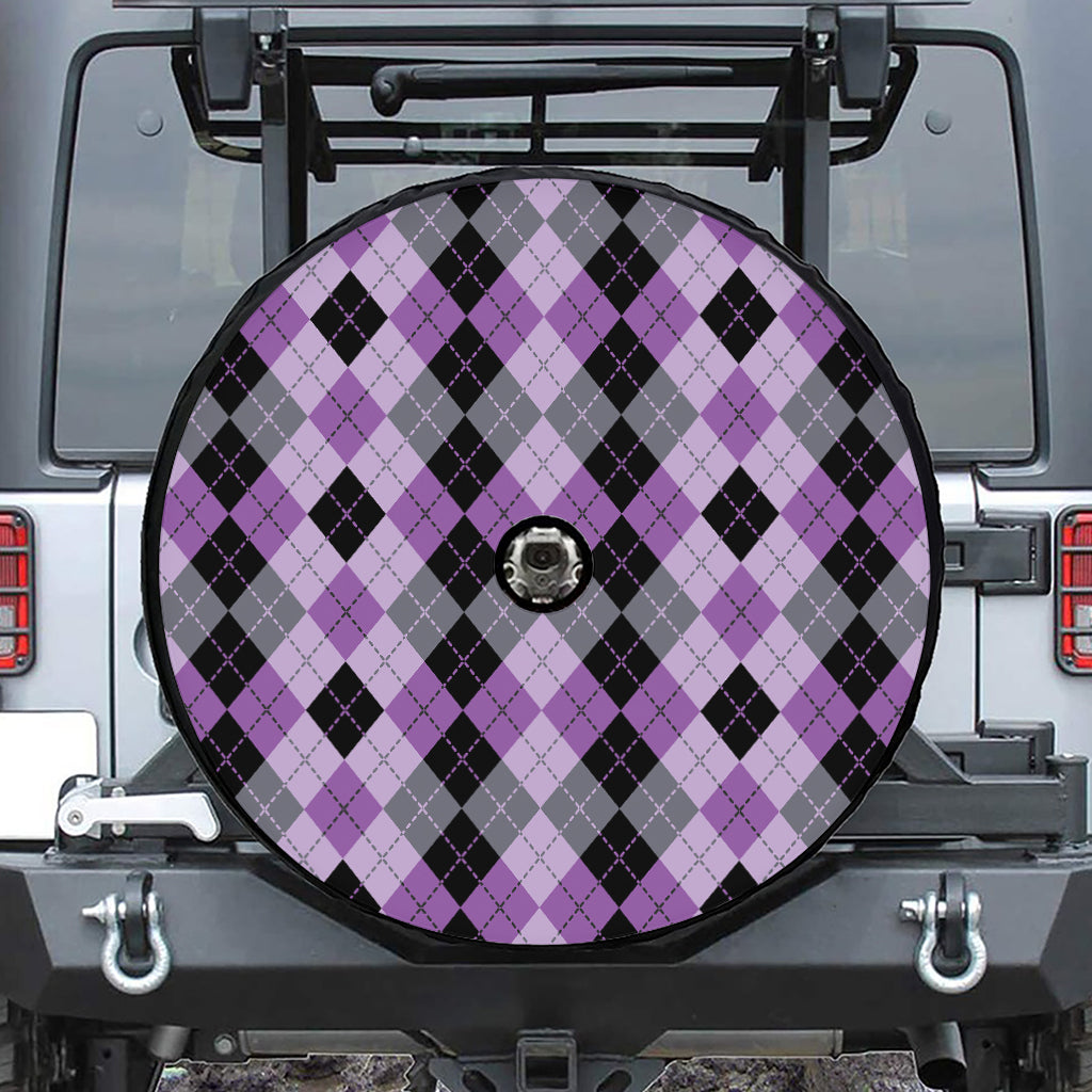 Black Grey And Violet Argyle Print Tire Cover With Camera Hole
