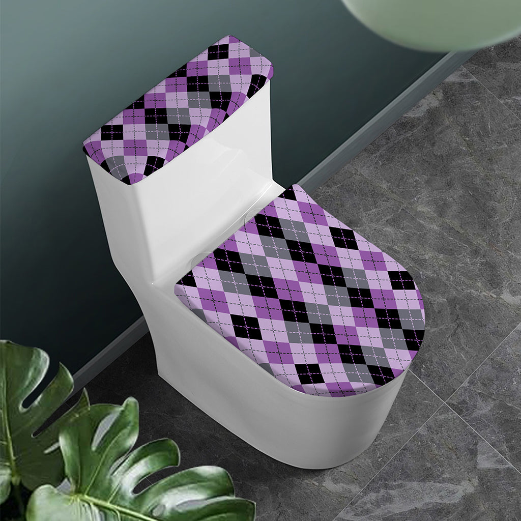 Black Grey And Violet Argyle Print Toilet Lid And Tank Cover Set
