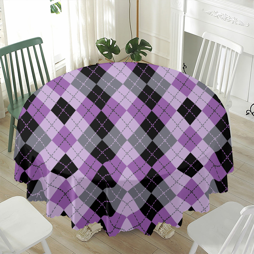 Black Grey And Violet Argyle Print Waterproof Round Tablecloth