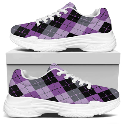 Black Grey And Violet Argyle Print White Chunky Shoes