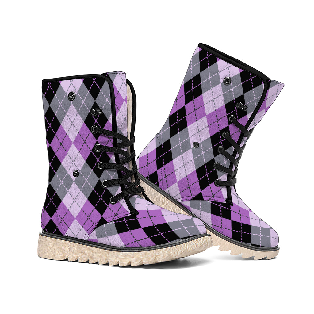 Black Grey And Violet Argyle Print Winter Boots
