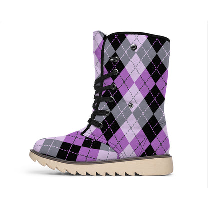 Black Grey And Violet Argyle Print Winter Boots