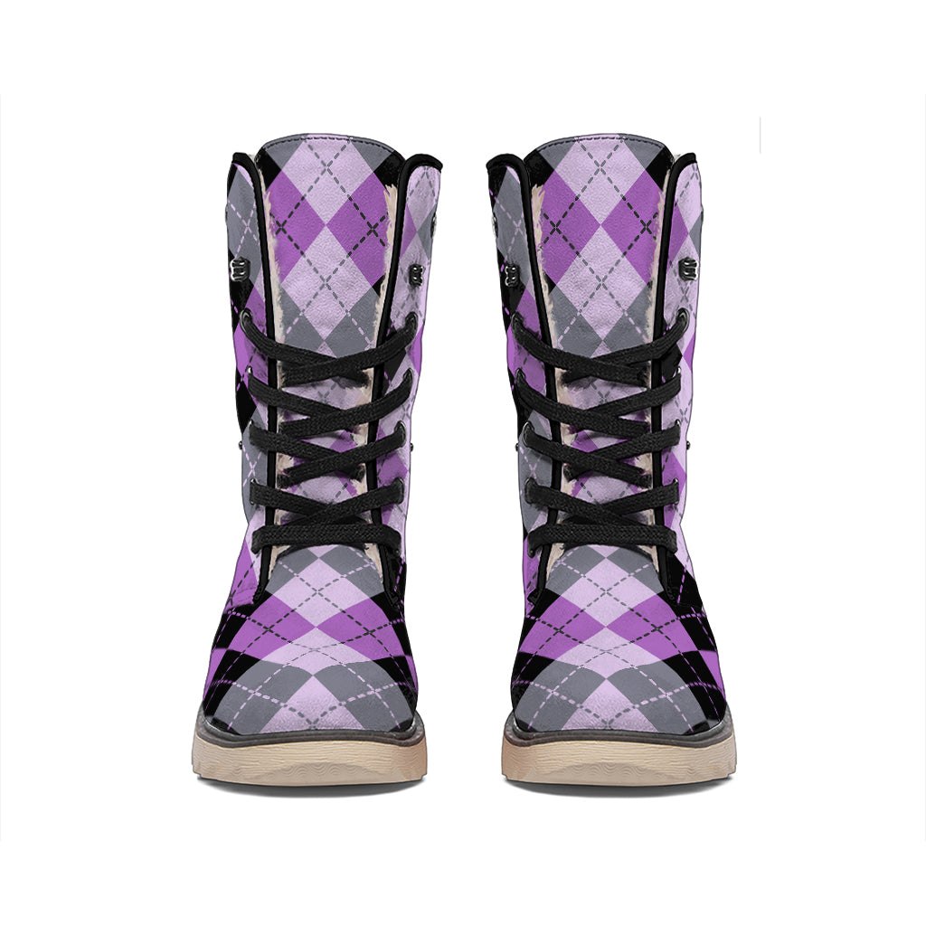 Black Grey And Violet Argyle Print Winter Boots
