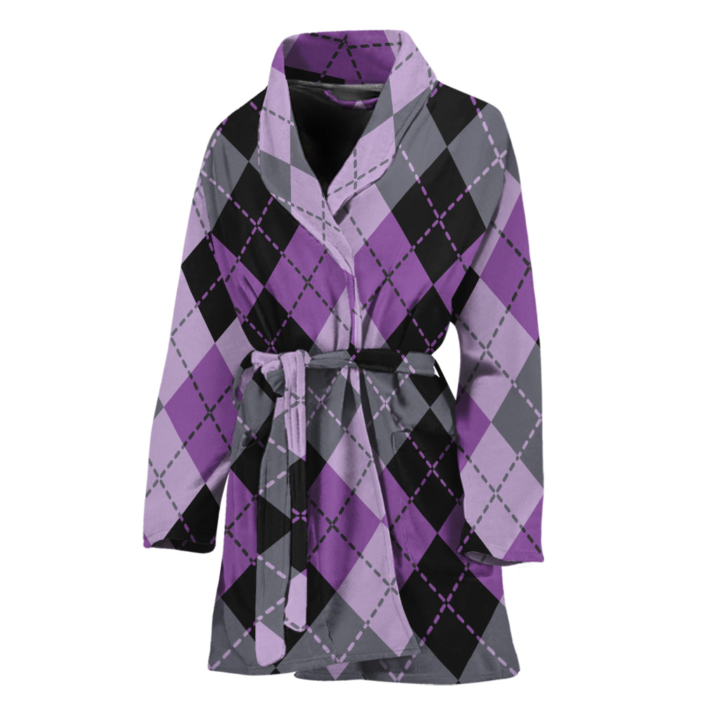 Black Grey And Violet Argyle Print Women's Bathrobe