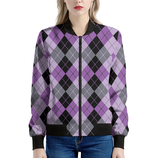 Black Grey And Violet Argyle Print Women's Bomber Jacket