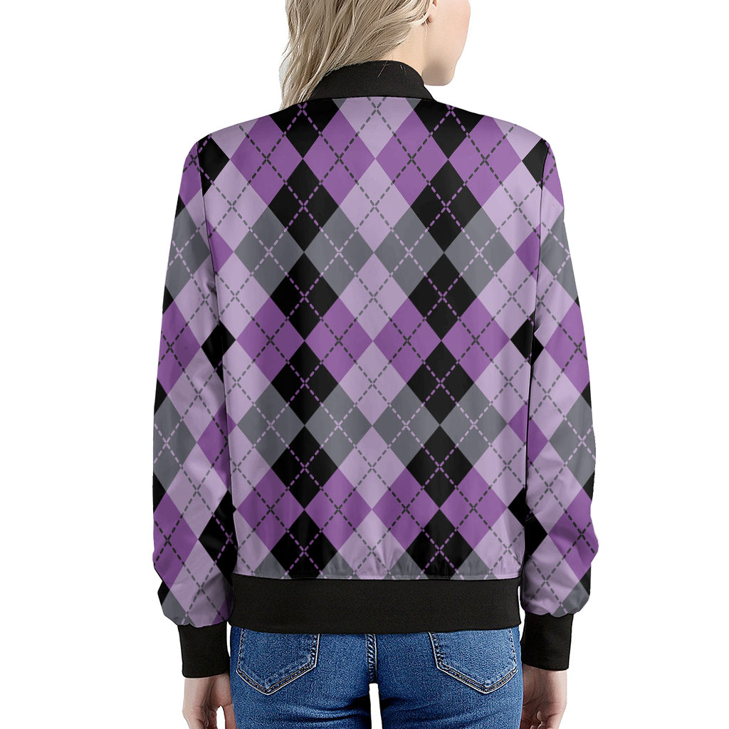 Black Grey And Violet Argyle Print Women's Bomber Jacket