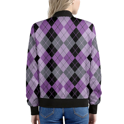 Black Grey And Violet Argyle Print Women's Bomber Jacket