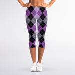Black Grey And Violet Argyle Print Women's Capri Leggings