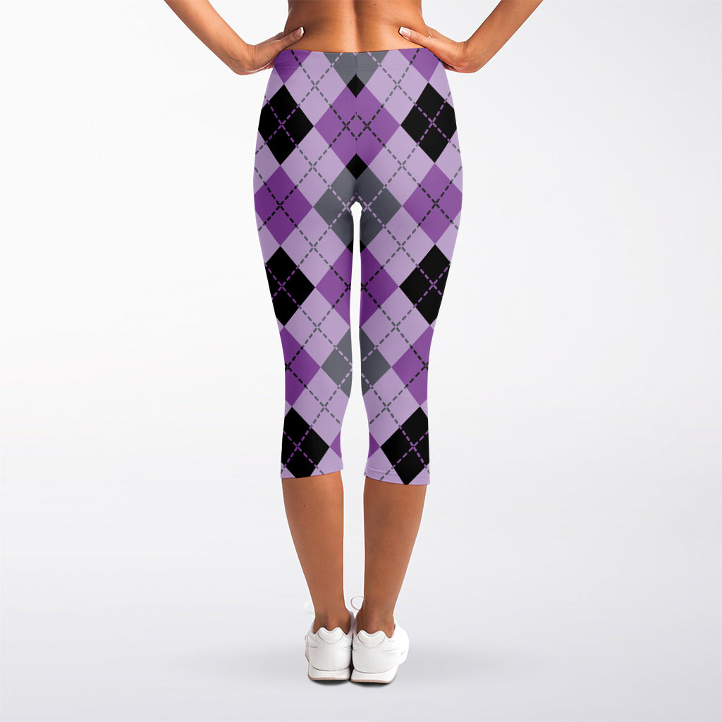 Black Grey And Violet Argyle Print Women's Capri Leggings