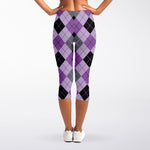 Black Grey And Violet Argyle Print Women's Capri Leggings