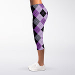 Black Grey And Violet Argyle Print Women's Capri Leggings