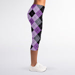 Black Grey And Violet Argyle Print Women's Capri Leggings