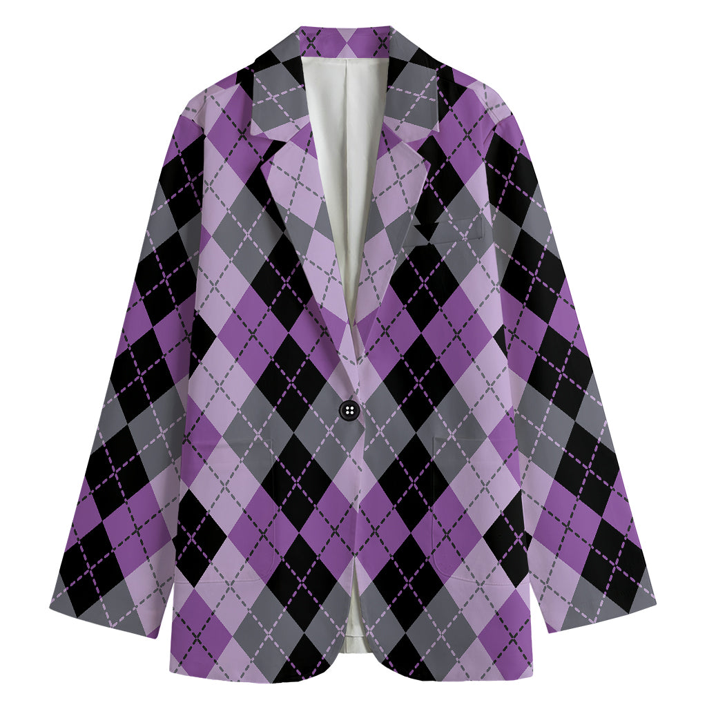 Black Grey And Violet Argyle Print Women's Cotton Blazer