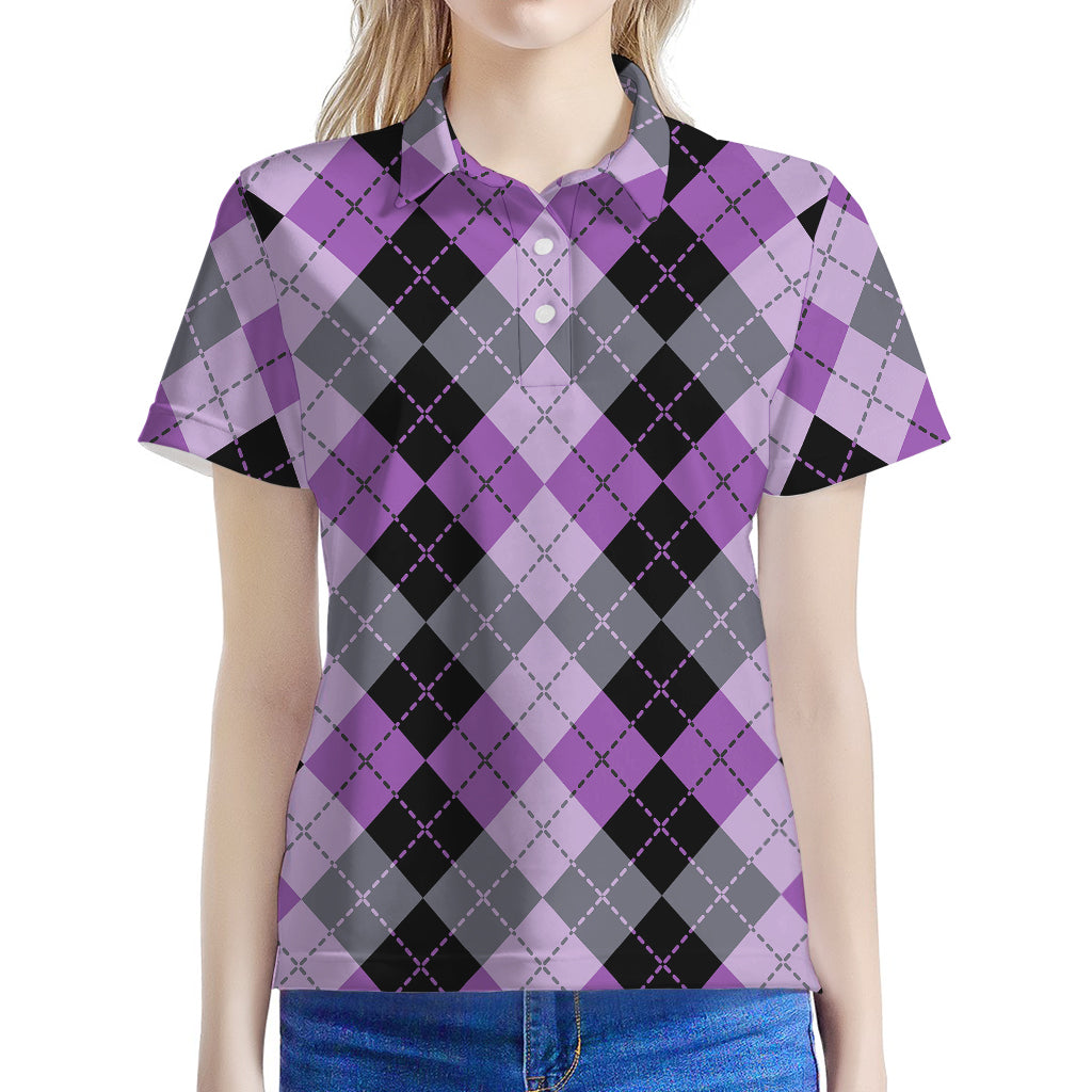 Black Grey And Violet Argyle Print Women's Polo Shirt