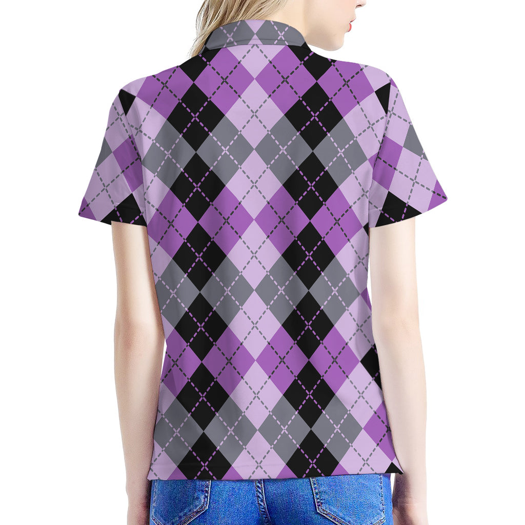 Black Grey And Violet Argyle Print Women's Polo Shirt