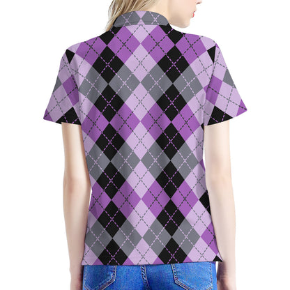 Black Grey And Violet Argyle Print Women's Polo Shirt