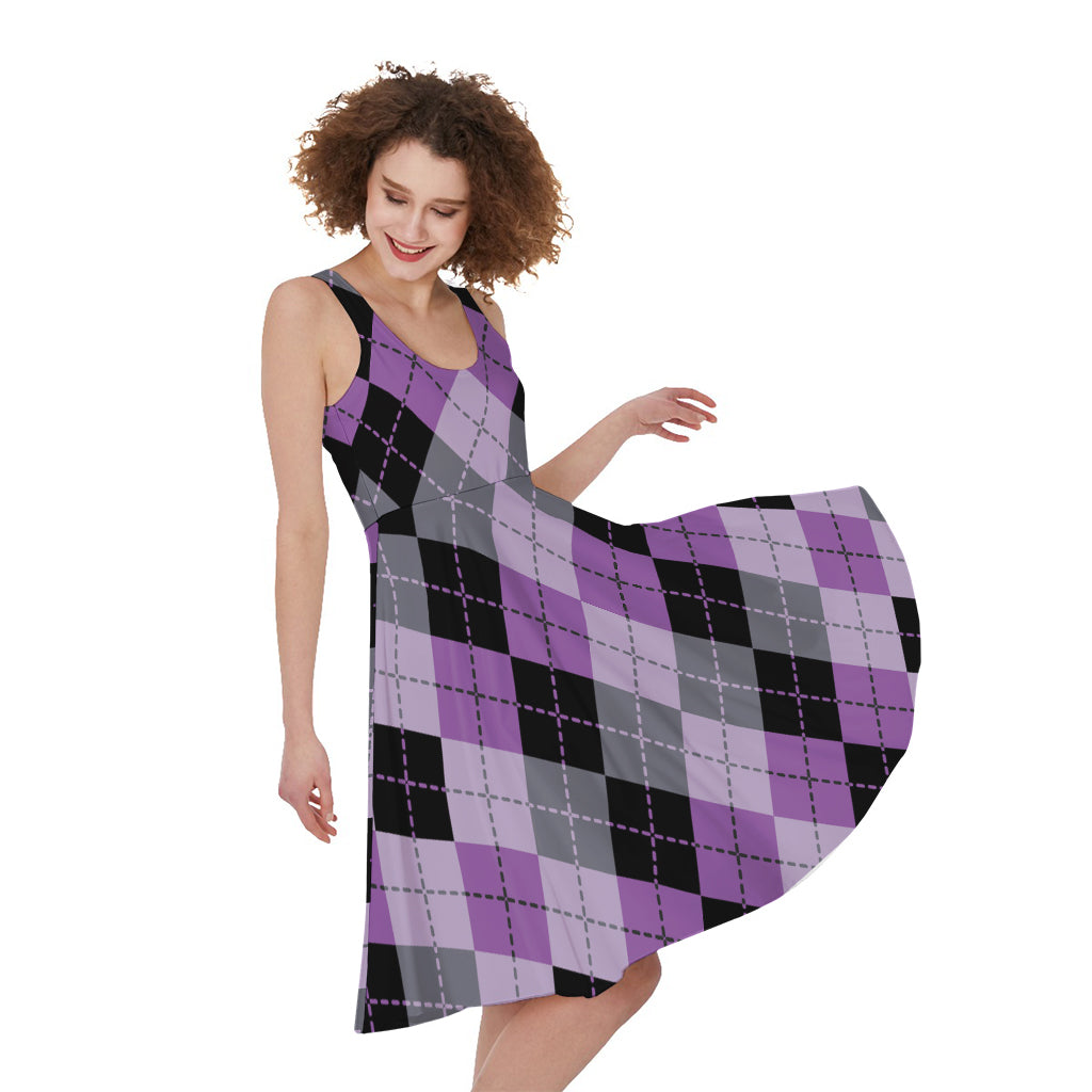 Black Grey And Violet Argyle Print Women's Sleeveless Dress