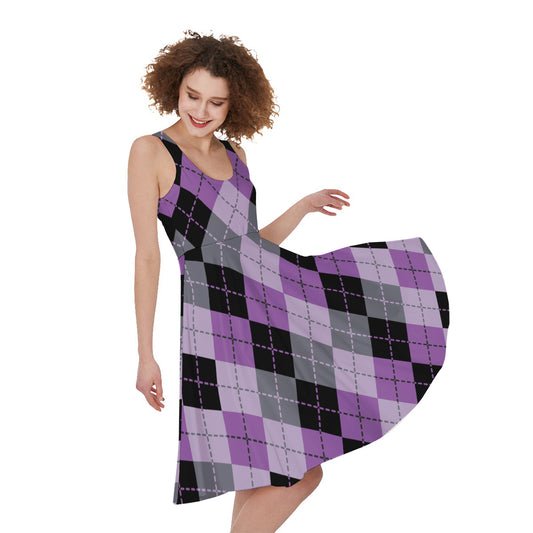 Black Grey And Violet Argyle Print Women's Sleeveless Dress