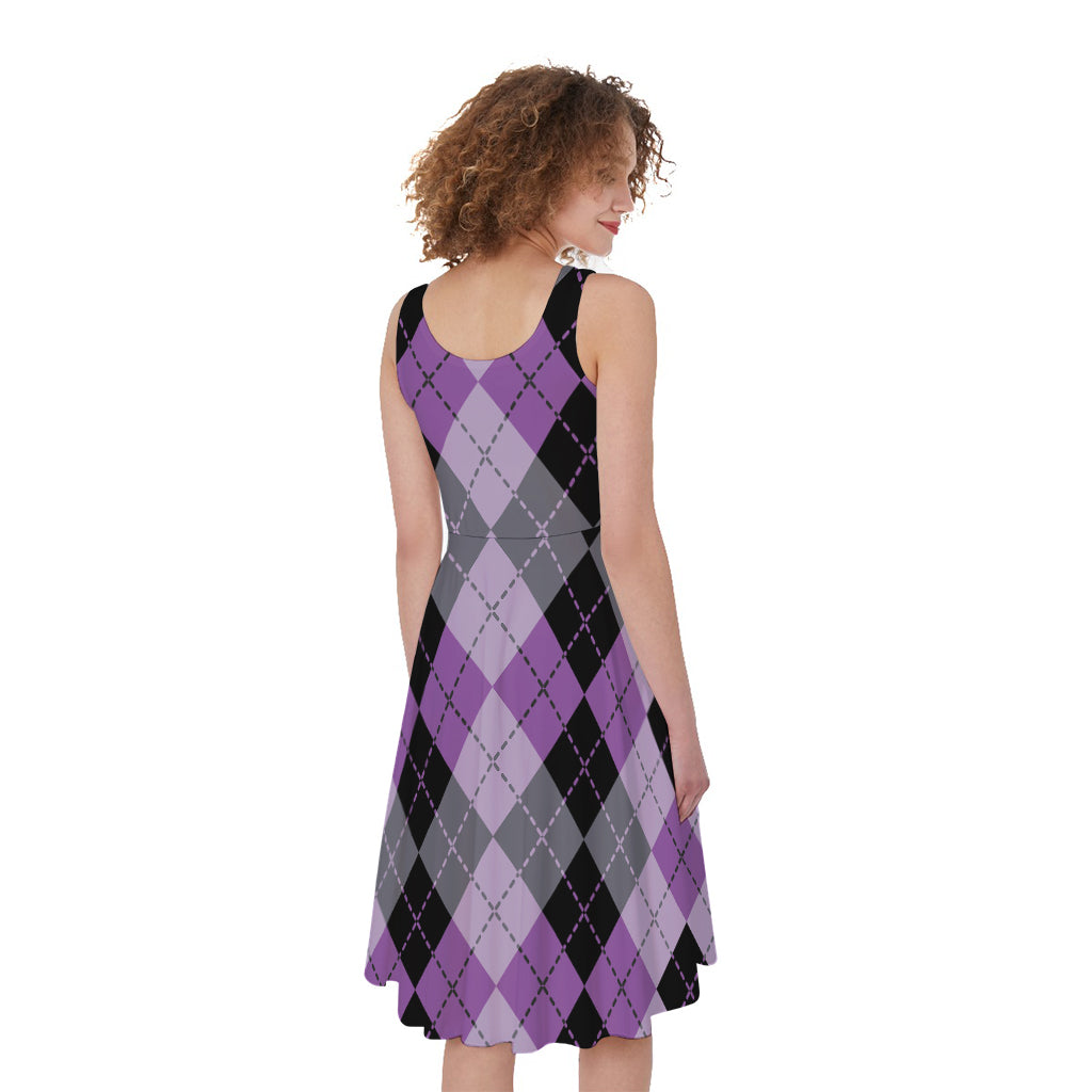 Black Grey And Violet Argyle Print Women's Sleeveless Dress