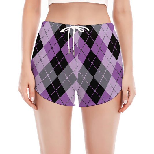 Black Grey And Violet Argyle Print Women's Split Running Shorts