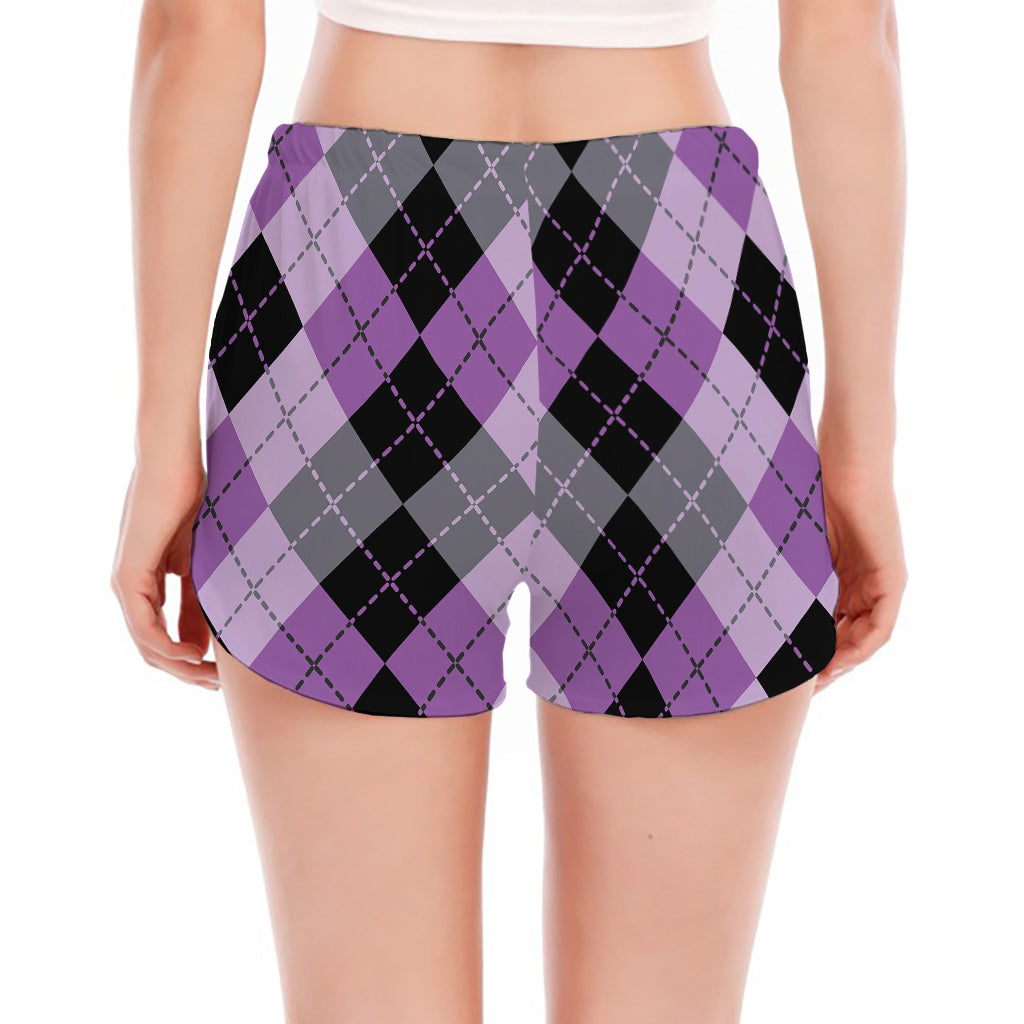 Black Grey And Violet Argyle Print Women's Split Running Shorts