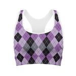 Black Grey And Violet Argyle Print Women's Sports Bra